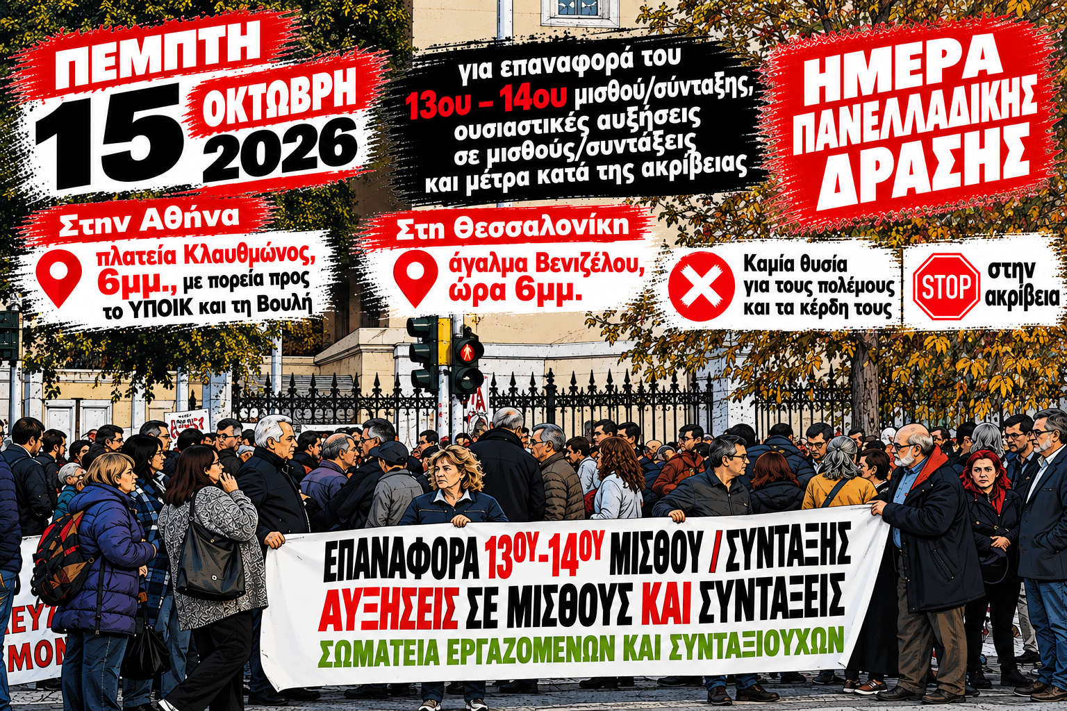 Πέμπτη 15 Οκτώβρη: Ημέρα Πανελλαδικής Δράσης για την επαναφορά του 13ου–14ου μισθού/σύνταξης, ουσιαστικές αυξήσεις σε μισθούς/συντάξεις και μέτρα κατά της ακρίβειας